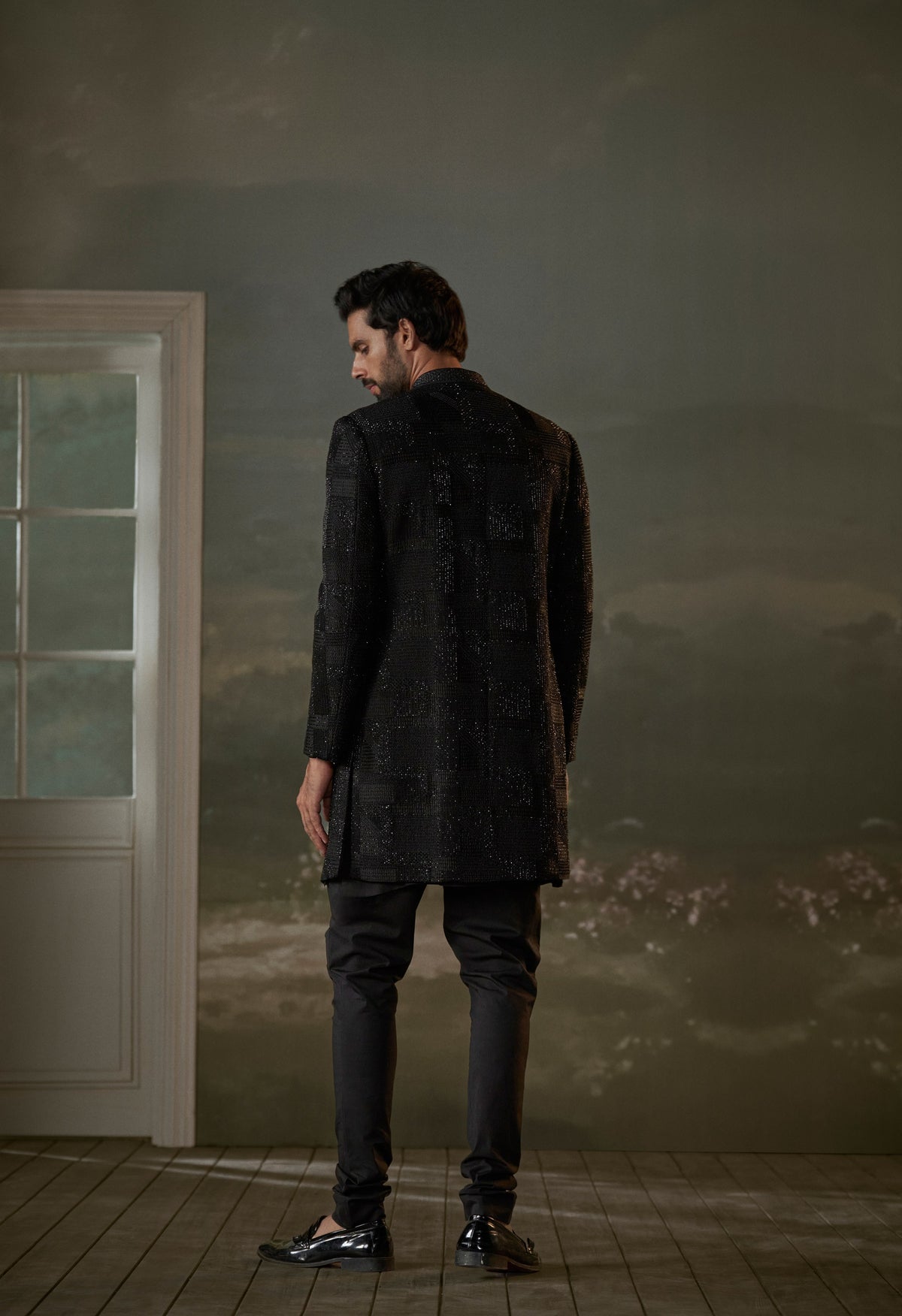 BLACK SHORT RAW SILK SHERWANI ALL OVER EMBROIDERED WITH KURTA AND TROUSER