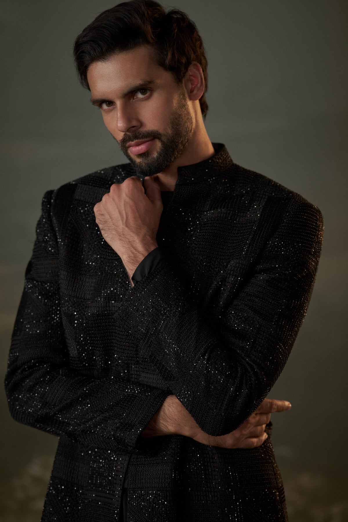 BLACK SHORT RAW SILK SHERWANI ALL OVER EMBROIDERED WITH KURTA AND TROUSER