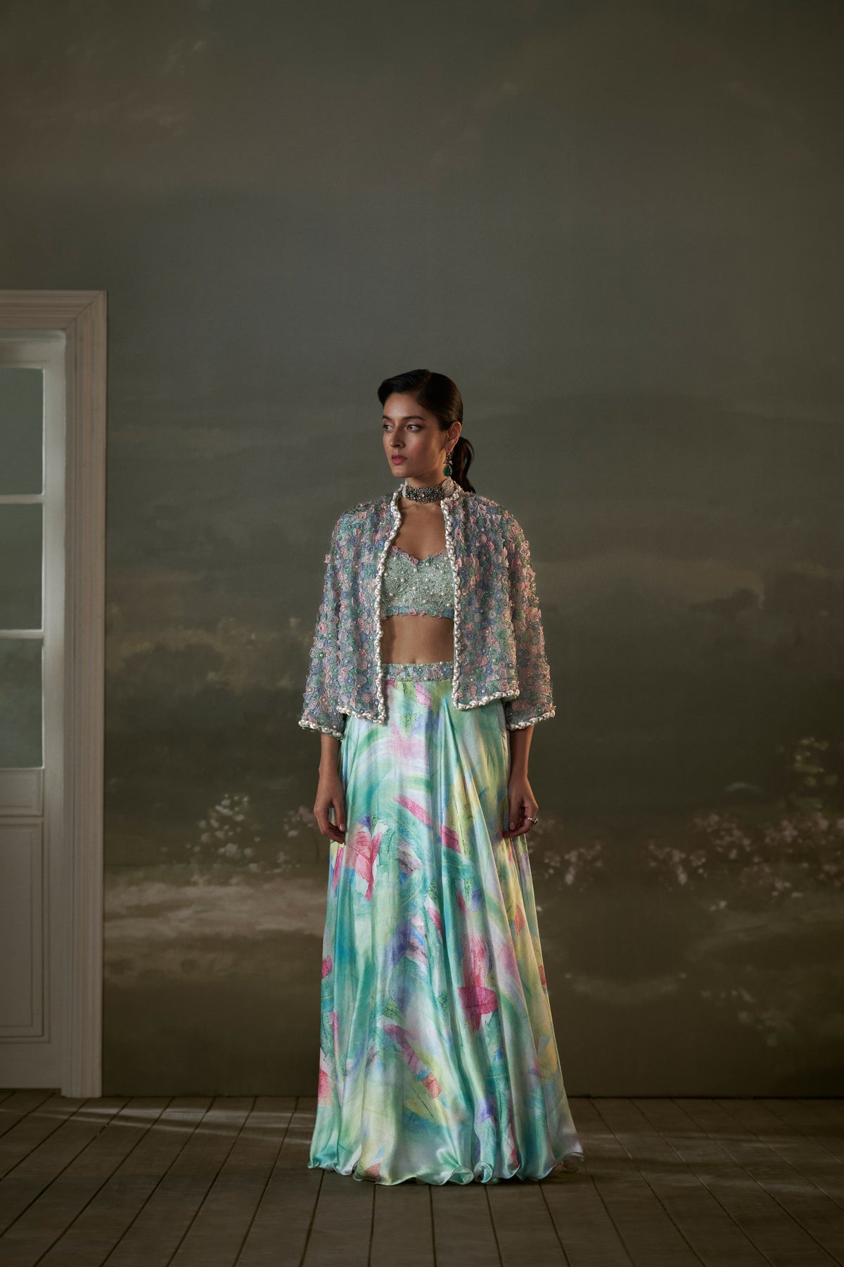 Turquoise Lehenga Choli Set With Jacket