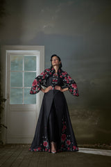 Floral Embroidered Black Long Dress With Short Jacket And Trouser