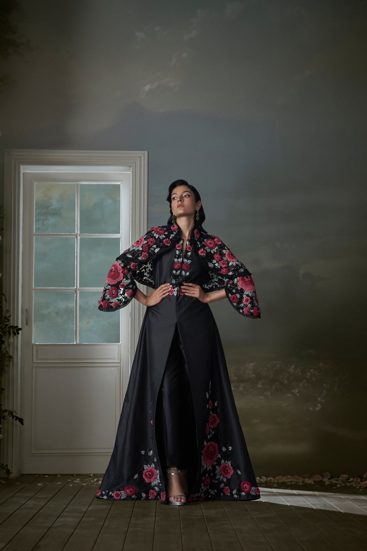 Floral Embroidered Black Long Dress With Short Jacket And Trouser