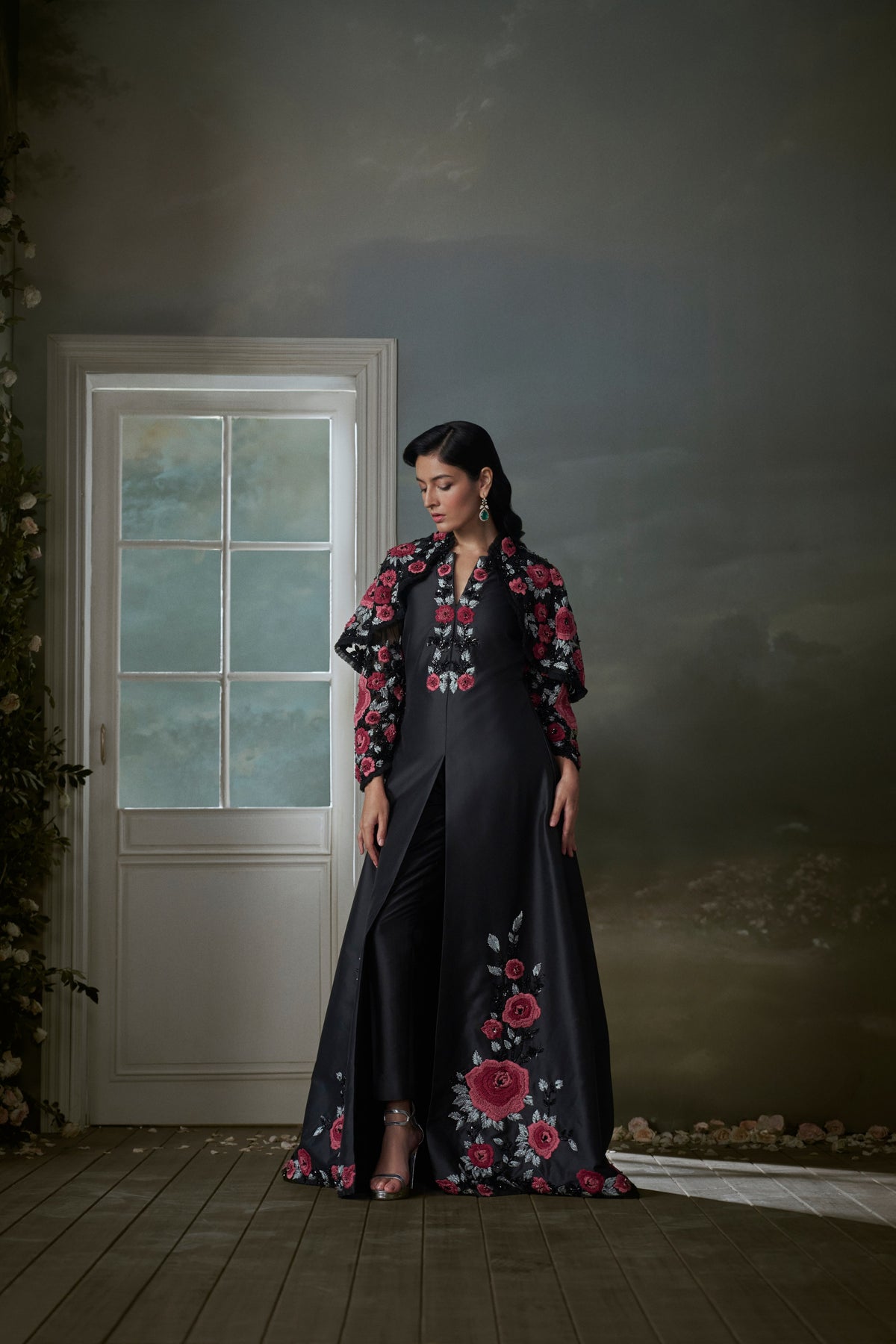 Floral Embroidered Black Long Dress With Short Jacket And Trouser