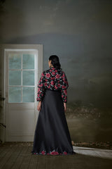 Floral Embroidered Black Long Dress With Short Jacket And Trouser