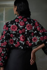 Floral Embroidered Black Long Dress With Short Jacket And Trouser