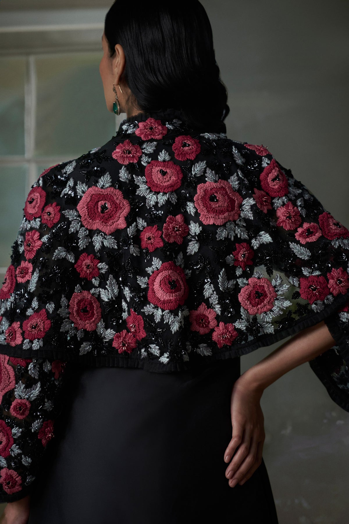 Floral Embroidered Black Long Dress With Short Jacket And Trouser