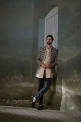 BEIGE AND BLACK PRINTED RAW SILK JACKET WITH BEIGE KURTA AND BLACK TROUSER