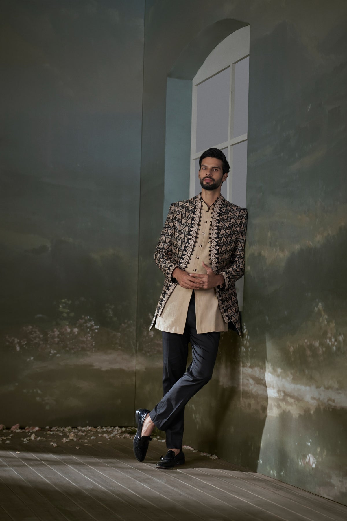 BEIGE AND BLACK PRINTED RAW SILK JACKET WITH BEIGE KURTA AND BLACK TROUSER