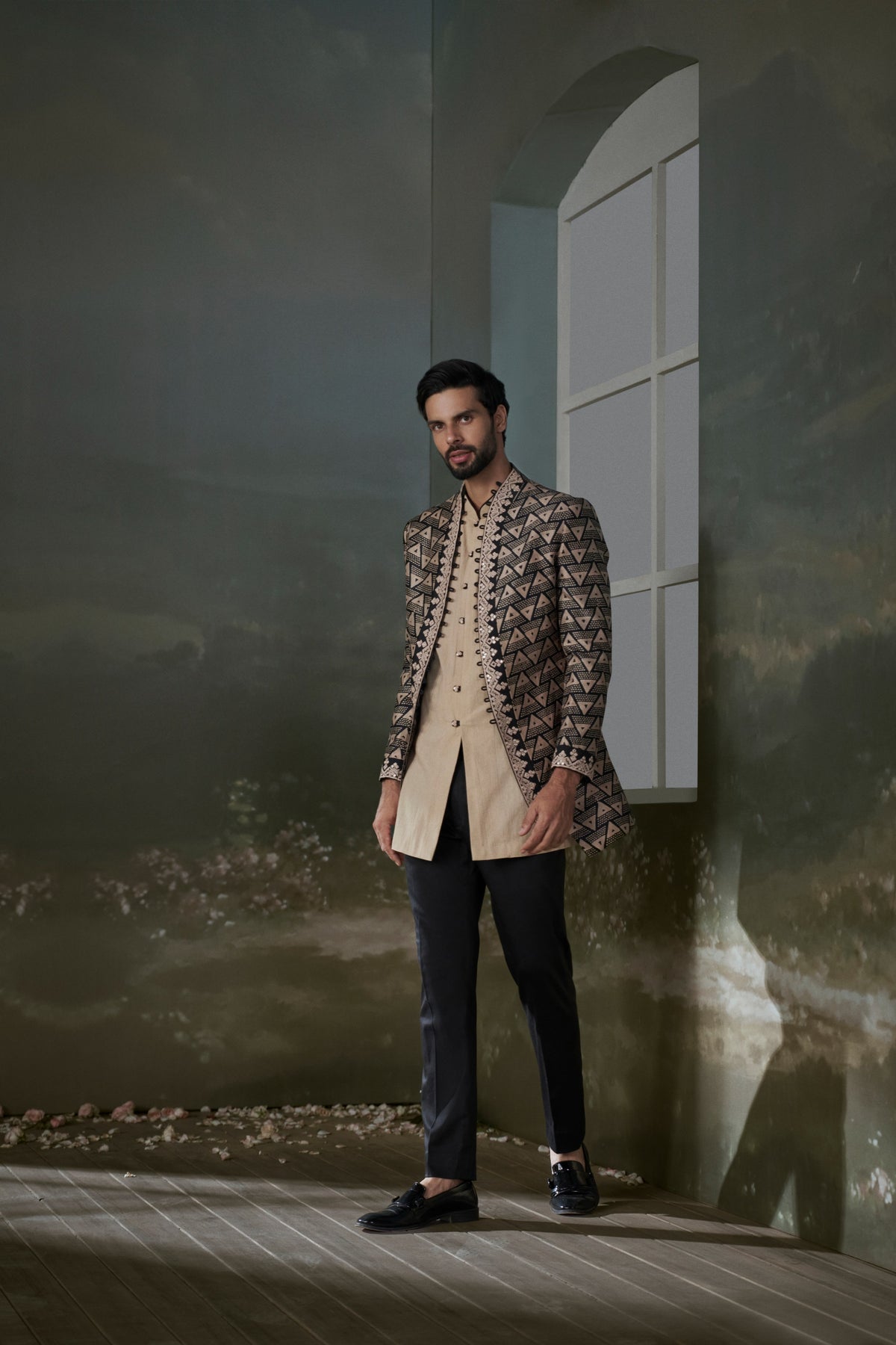 BEIGE AND BLACK PRINTED RAW SILK JACKET WITH BEIGE KURTA AND BLACK TROUSER