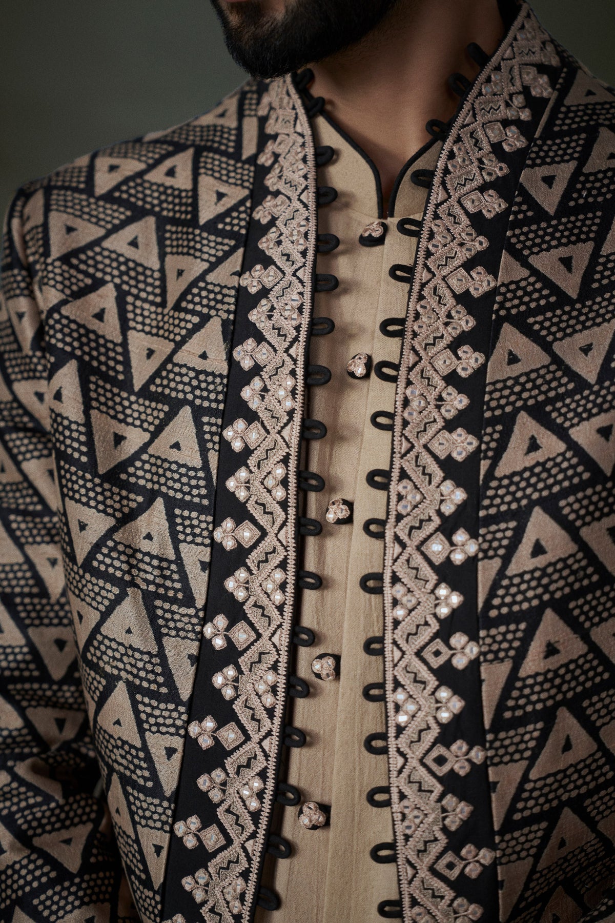BEIGE AND BLACK PRINTED RAW SILK JACKET WITH BEIGE KURTA AND BLACK TROUSER