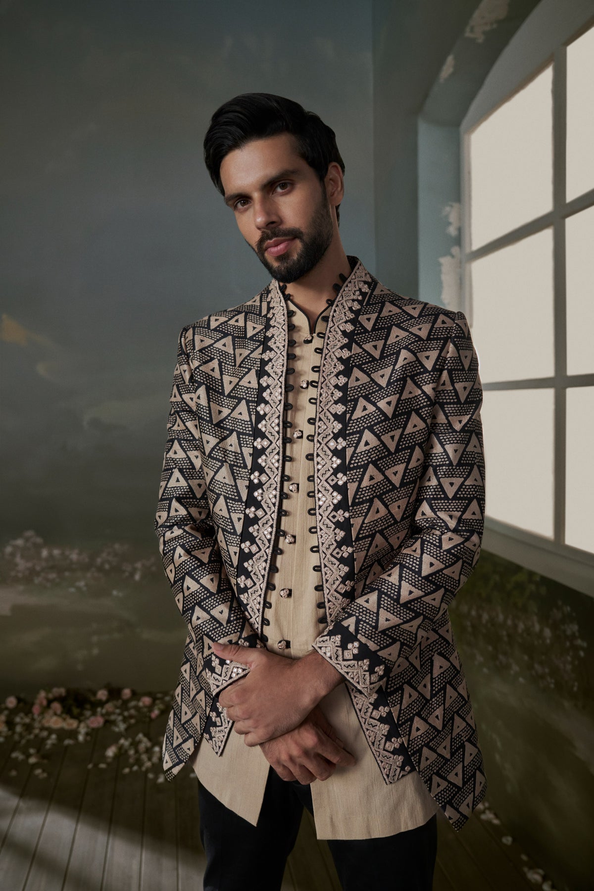 BEIGE AND BLACK PRINTED RAW SILK JACKET WITH BEIGE KURTA AND BLACK TROUSER