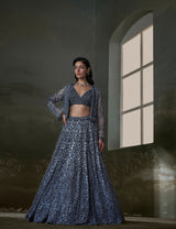 Stone Grey Lehenga Choli Set With Jacket