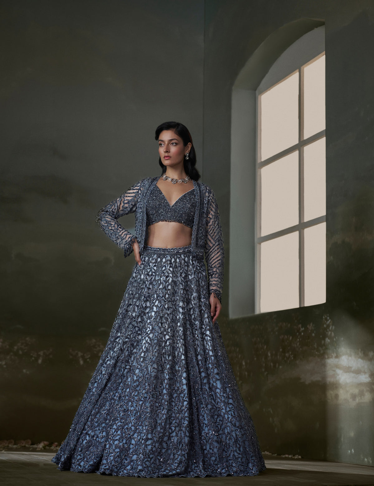 Stone Grey Lehenga Choli Set With Jacket