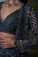 Stone Grey Lehenga Choli Set With Jacket