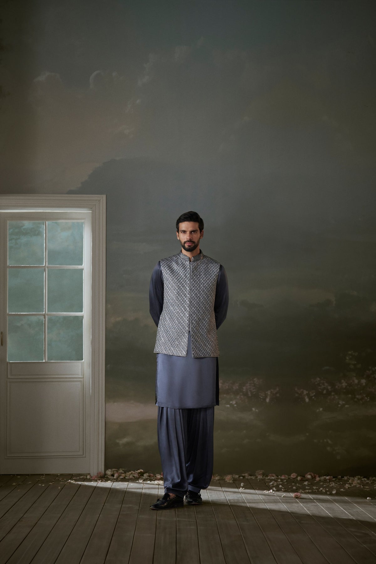 GREY RAW SILK BUNDI JACKET WITH KURTA AND SALWAR
