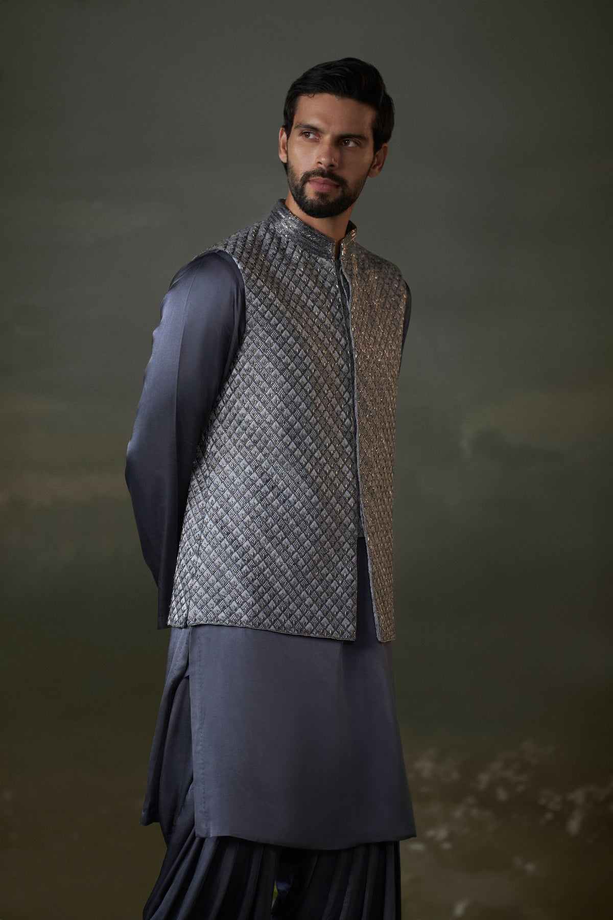 GREY RAW SILK BUNDI JACKET WITH KURTA AND SALWAR