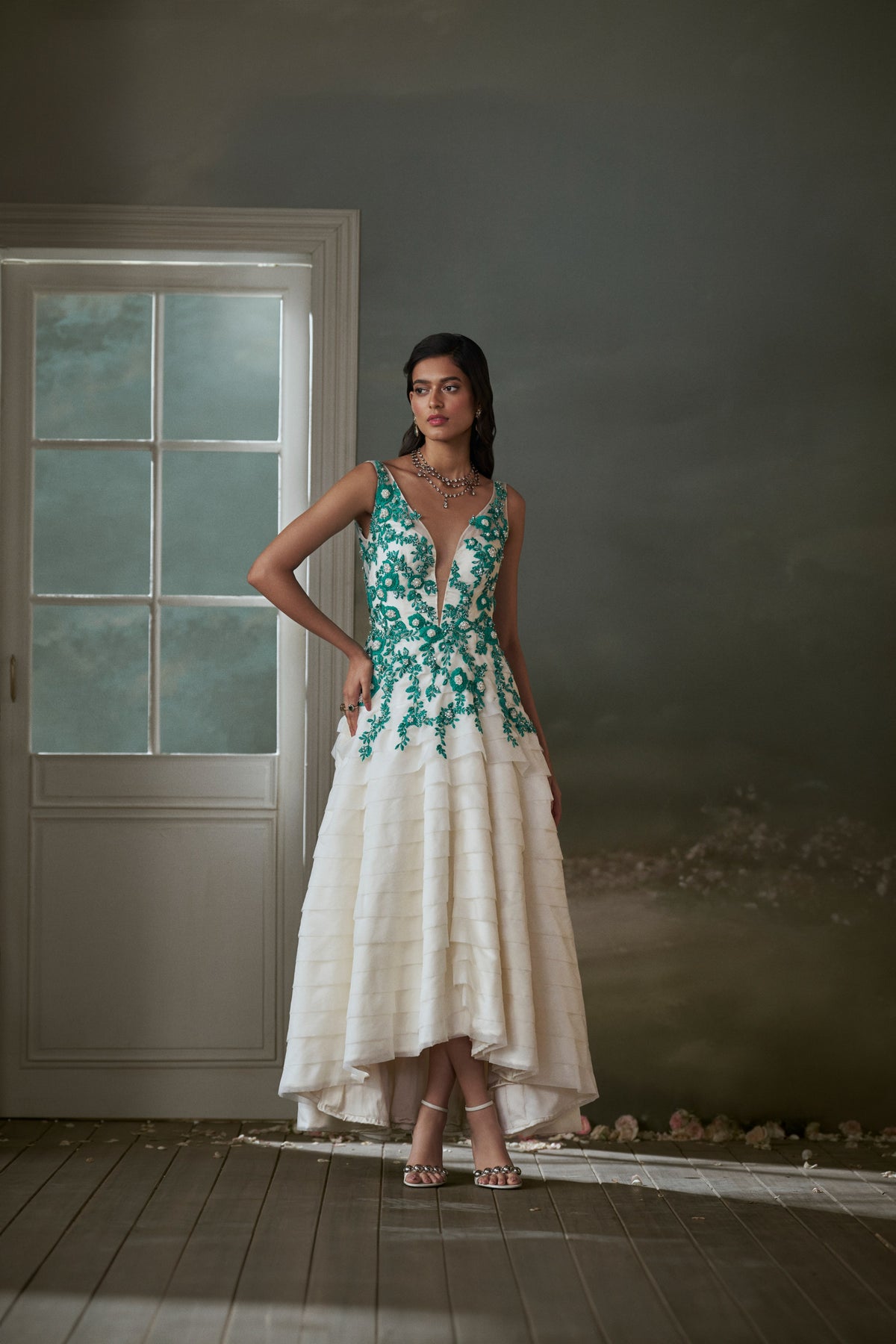 Ivory Organza Layered Asymmetrical Dress