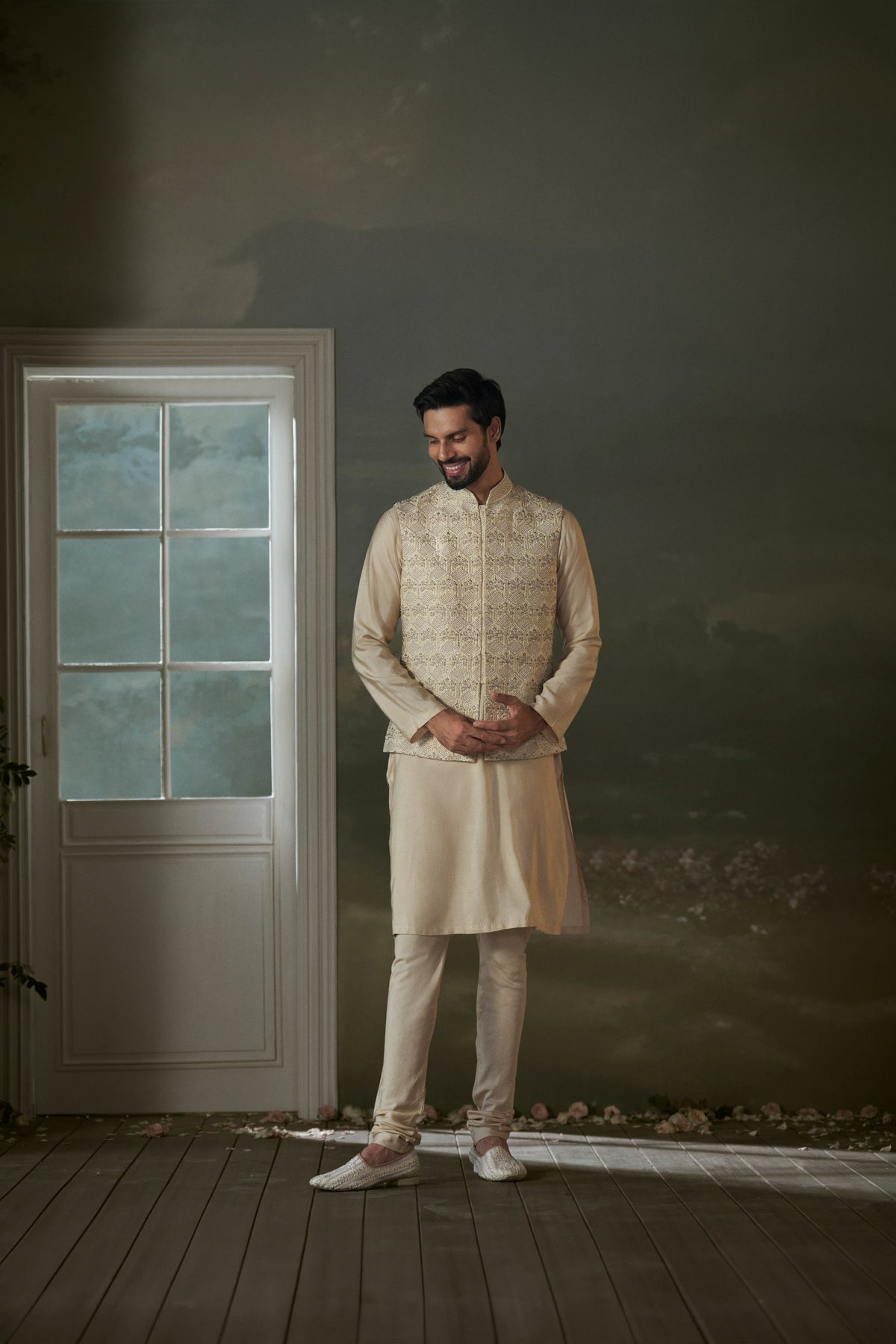 BEIGE KURTA CHURIDAR WITH WORKED BUNDI JACKET SET