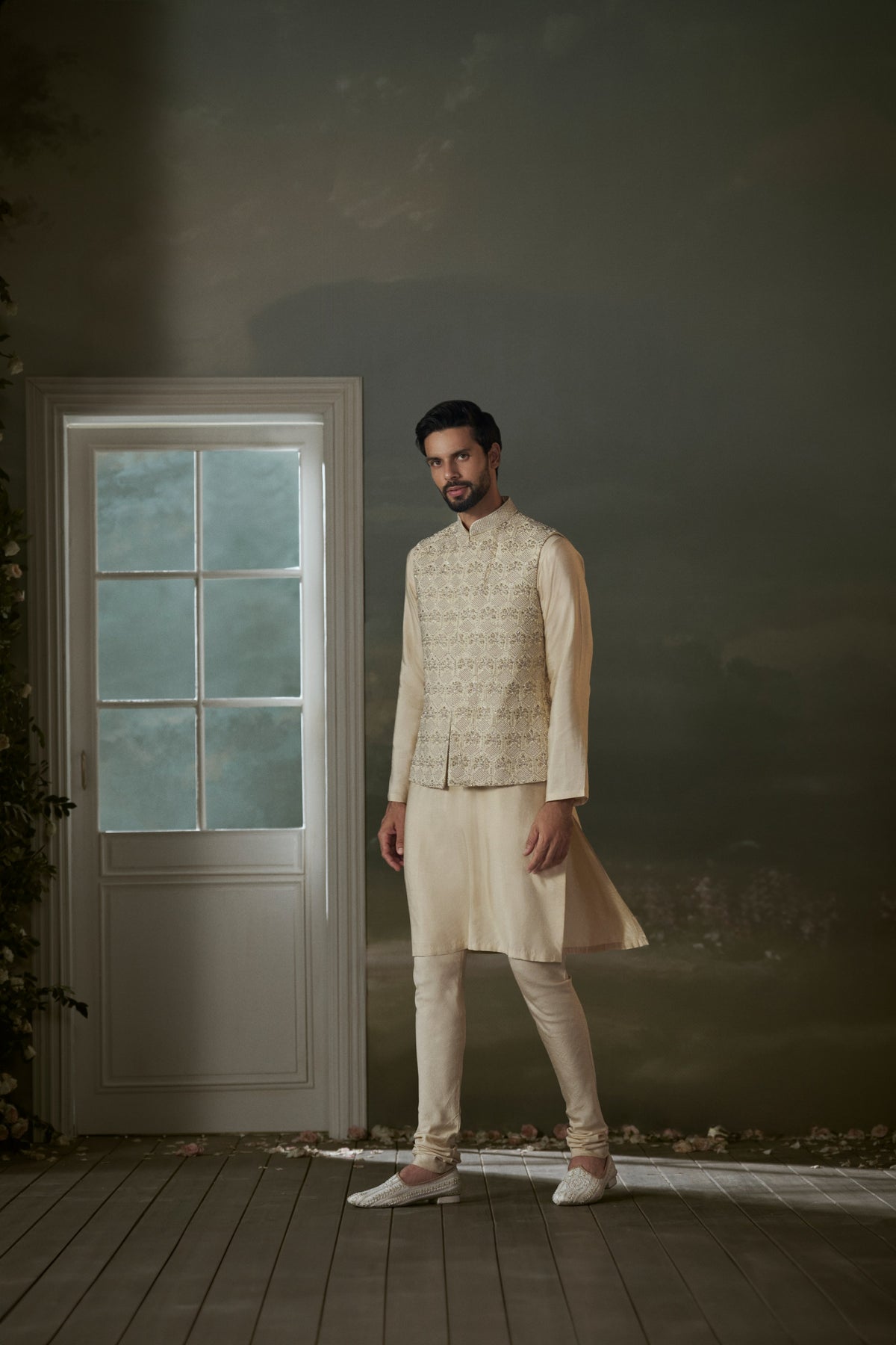BEIGE KURTA CHURIDAR WITH WORKED BUNDI JACKET SET