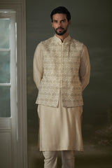 BEIGE KURTA CHURIDAR WITH WORKED BUNDI JACKET SET