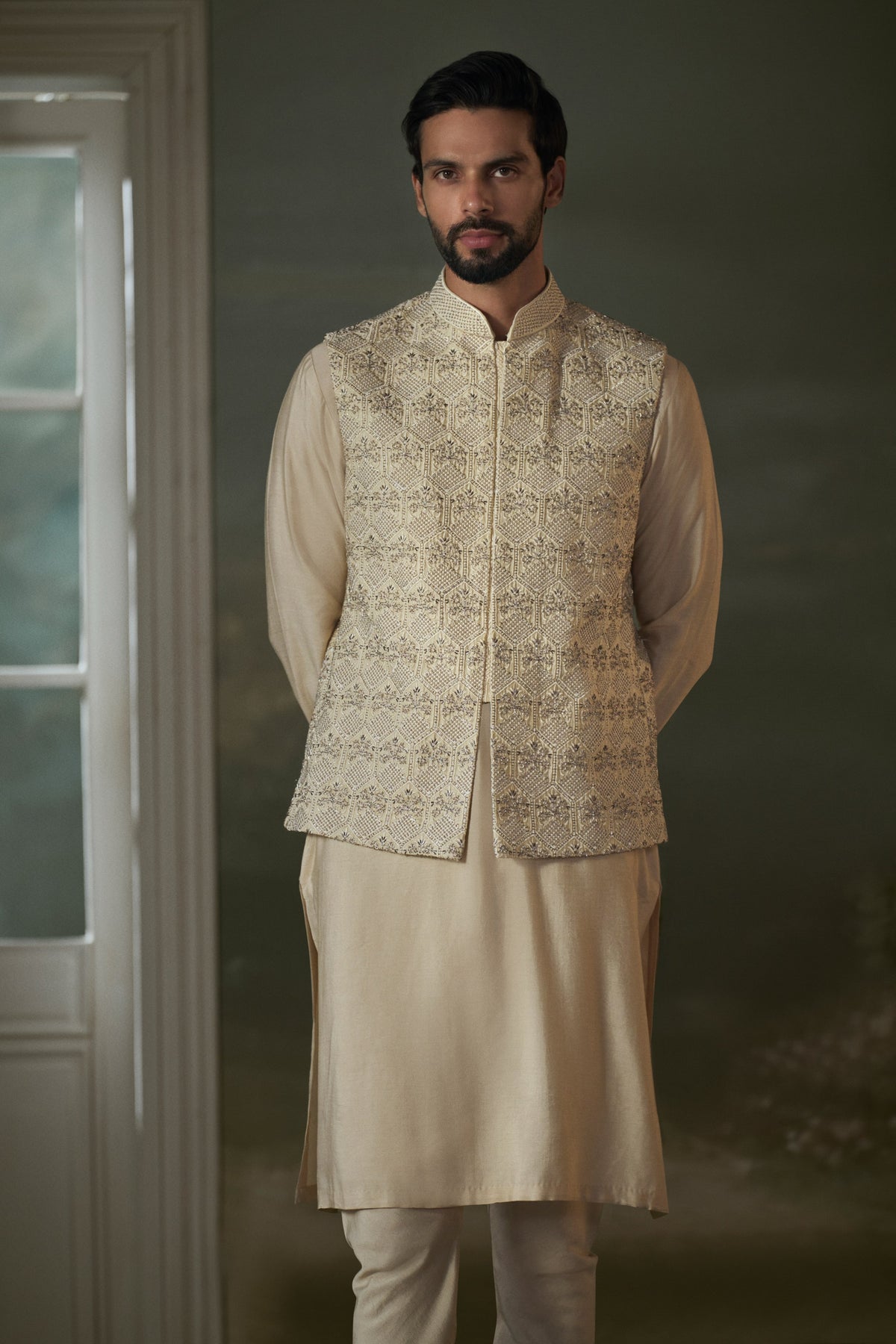 BEIGE KURTA CHURIDAR WITH WORKED BUNDI JACKET SET