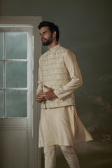 BEIGE KURTA CHURIDAR WITH WORKED BUNDI JACKET SET