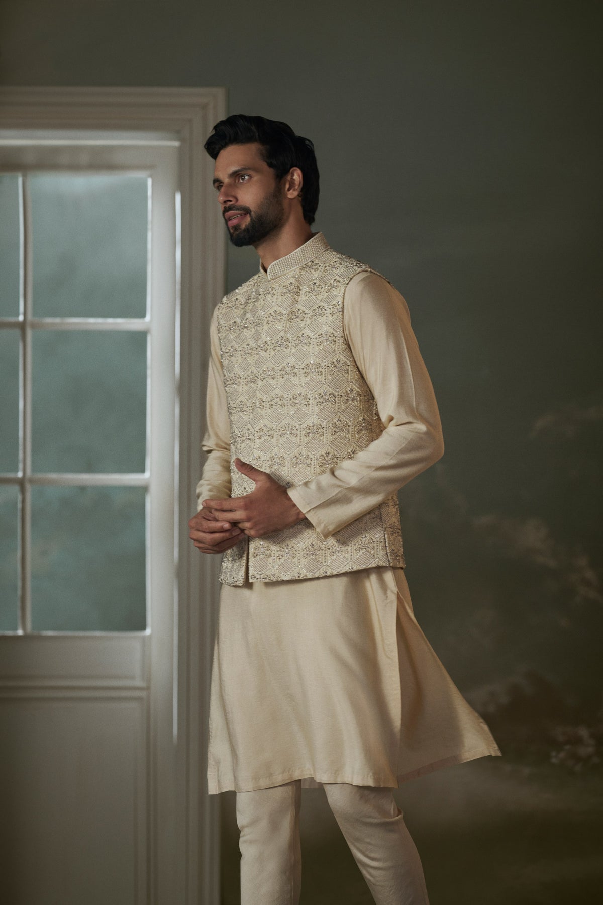 BEIGE KURTA CHURIDAR WITH WORKED BUNDI JACKET SET