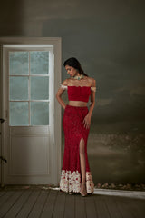 Red Skirt With Pleated Crop Top And Dupatta
