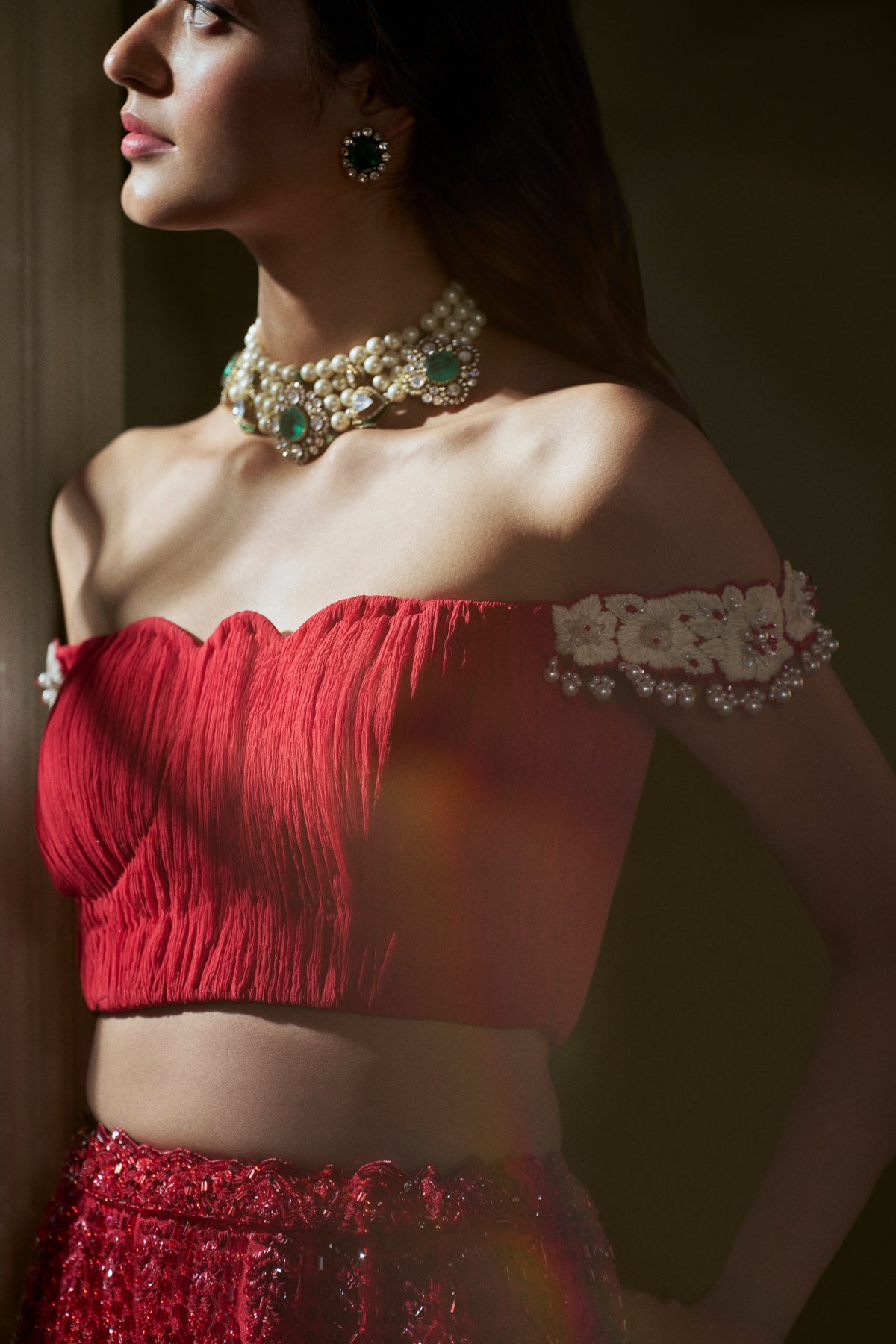 Red Skirt With Pleated Crop Top And Dupatta