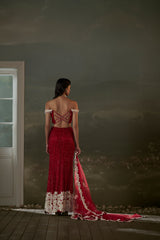Red Skirt With Pleated Crop Top And Dupatta