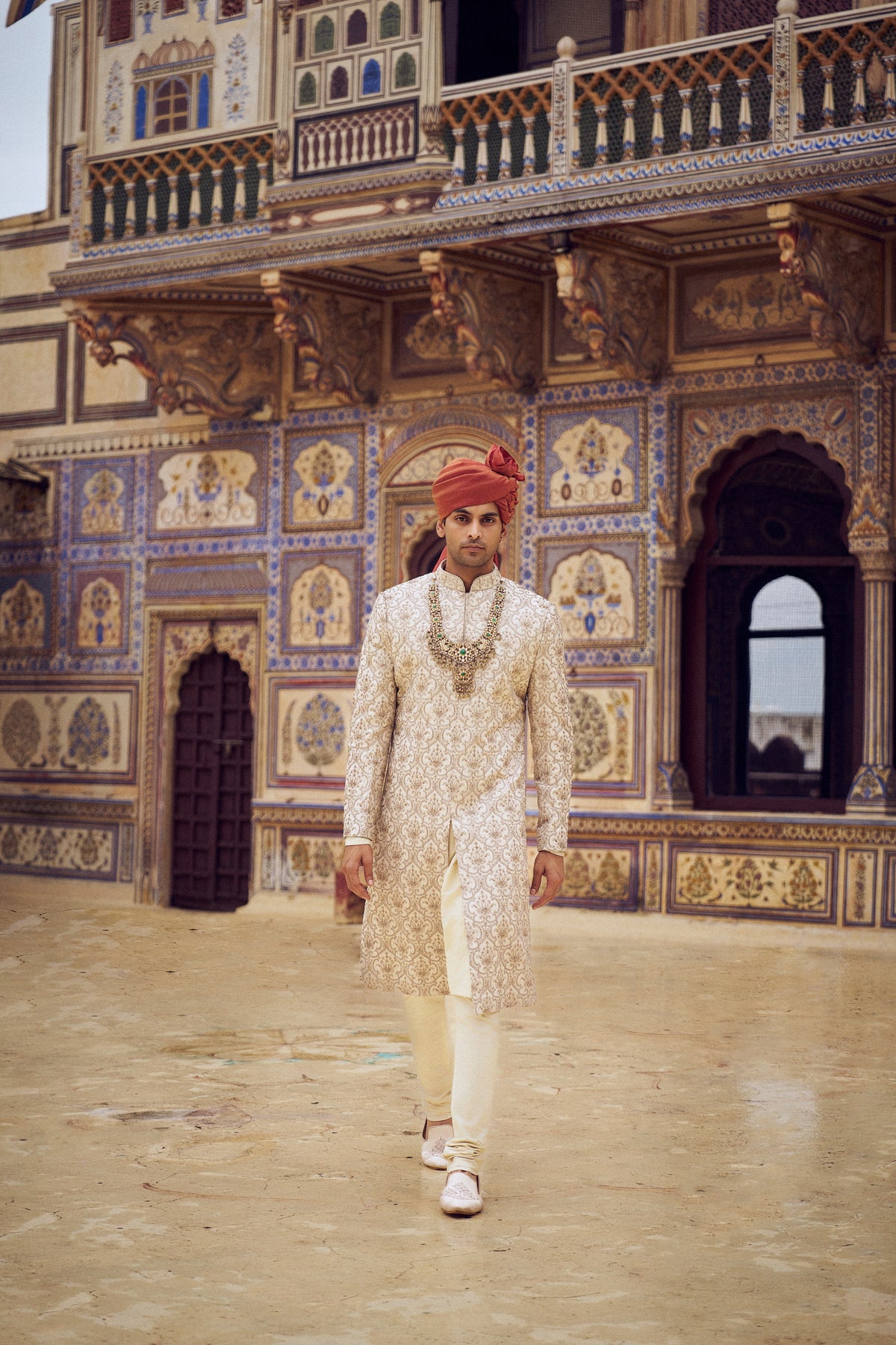 LIGHT BEIGE RAW SILK SHERWANI WITH KURTA CHURIDAR AND OPTIONAL WORKED STOLE, BELT AND JUTIS