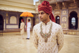 LIGHT BEIGE RAW SILK SHERWANI WITH KURTA CHURIDAR AND OPTIONAL WORKED STOLE, BELT AND JUTIS