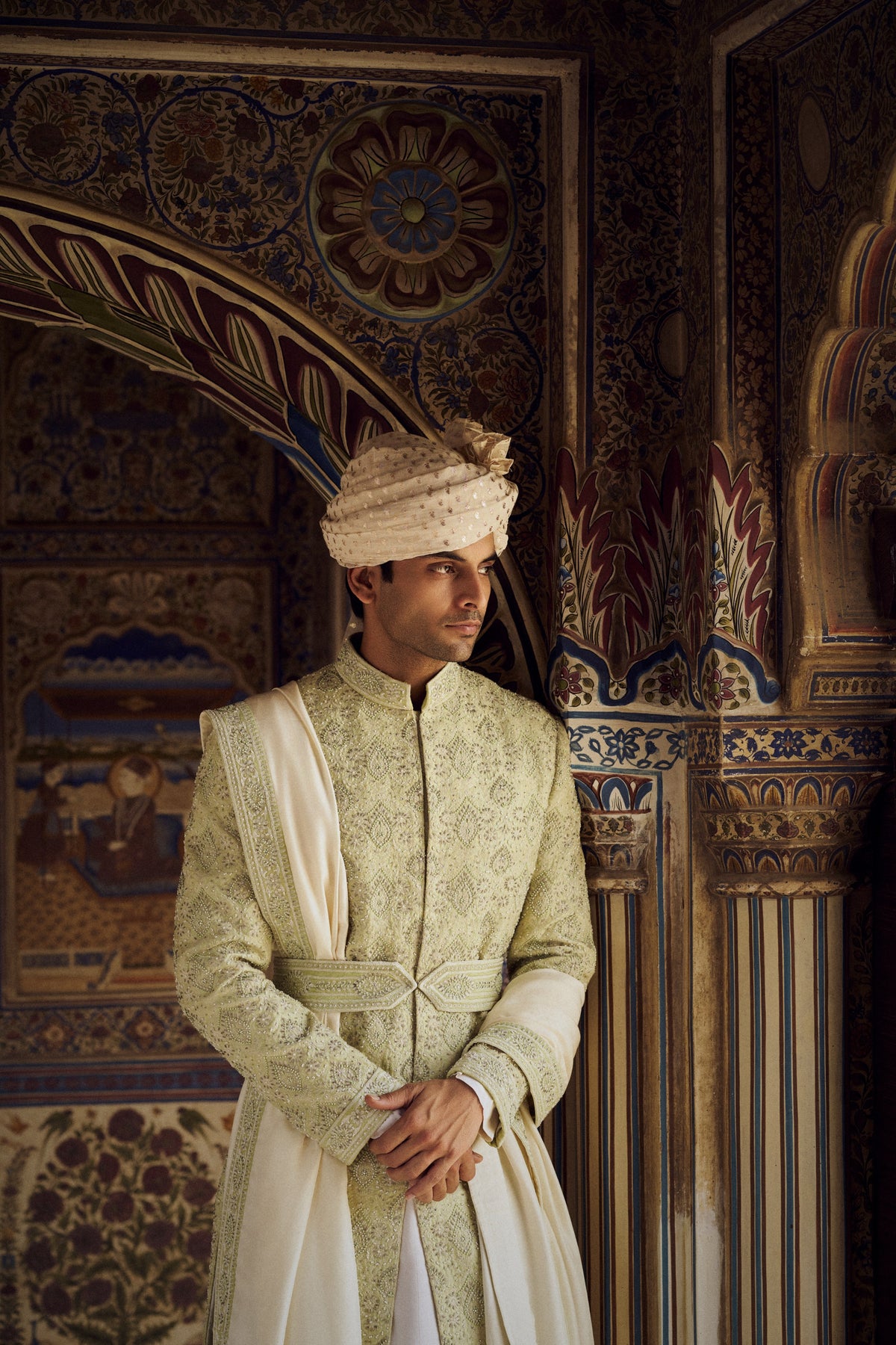 MINT GREEN RAW SILK SHERWANI WITH IVORY KURTA AND TROUSER WITH OPTIONAL WORKED STOLE, BELT AND JUTIS