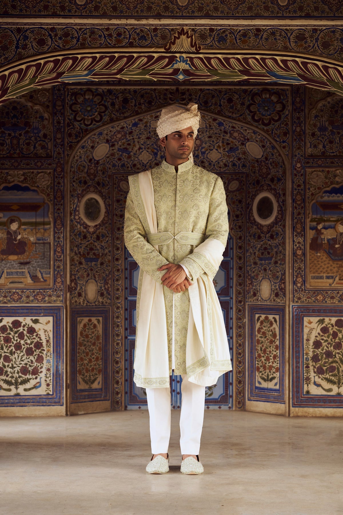 MINT GREEN RAW SILK SHERWANI WITH IVORY KURTA AND TROUSER WITH OPTIONAL WORKED STOLE, BELT AND JUTIS