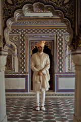 MUSHROOM RAW SILK SHERWANI WITH COTTON SILK KURTA AND CHURIDAR WITH OPTIONAL STOLE, BELT AND WORKED JUTIS