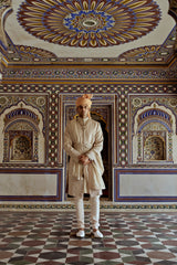 MUSHROOM RAW SILK SHERWANI WITH COTTON SILK KURTA AND CHURIDAR WITH OPTIONAL STOLE, BELT AND WORKED JUTIS