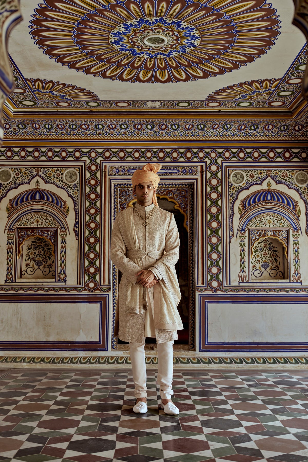 MUSHROOM RAW SILK SHERWANI WITH COTTON SILK KURTA AND CHURIDAR WITH OPTIONAL STOLE, BELT AND WORKED JUTIS