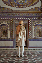 MUSHROOM RAW SILK SHERWANI WITH COTTON SILK KURTA AND CHURIDAR WITH OPTIONAL STOLE, BELT AND WORKED JUTIS