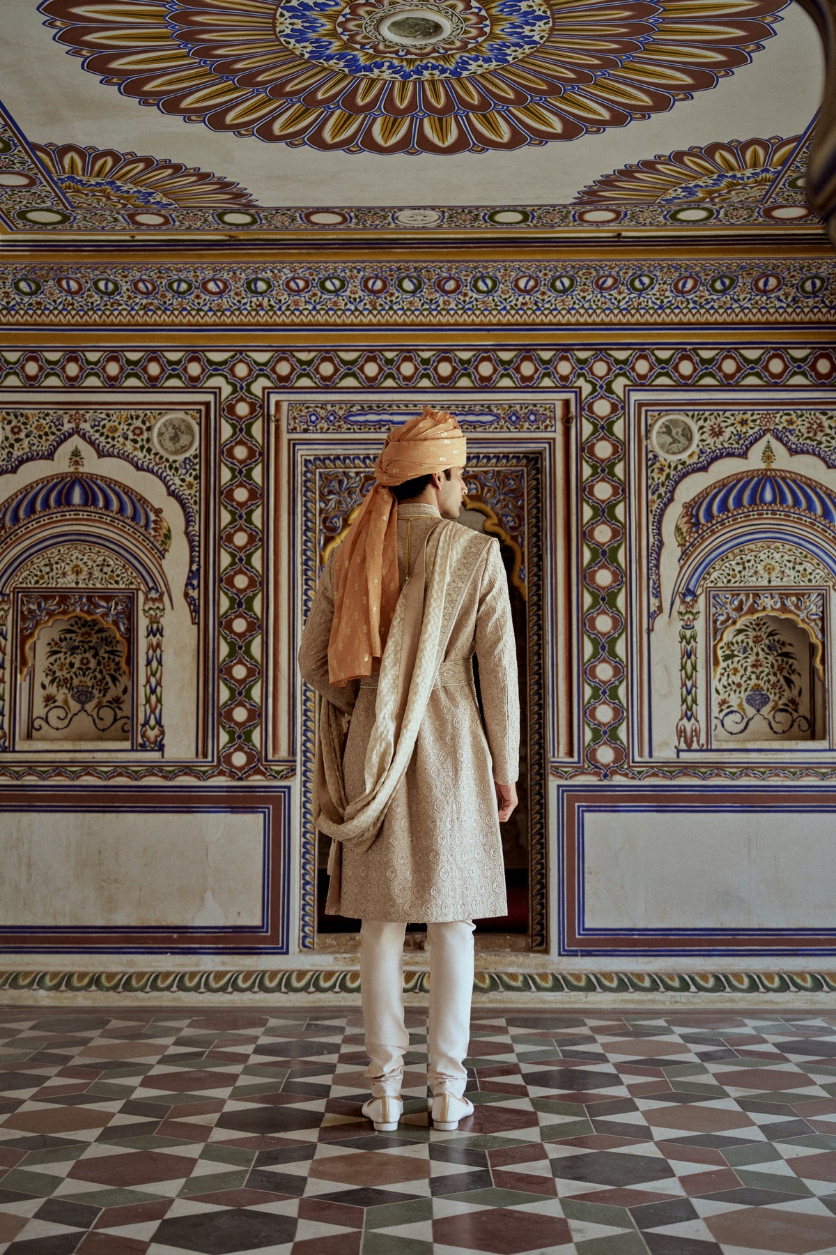 MUSHROOM RAW SILK SHERWANI WITH COTTON SILK KURTA AND CHURIDAR WITH OPTIONAL STOLE, BELT AND WORKED JUTIS