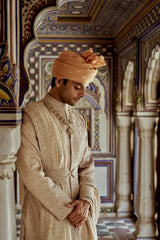 MUSHROOM RAW SILK SHERWANI WITH COTTON SILK KURTA AND CHURIDAR WITH OPTIONAL STOLE, BELT AND WORKED JUTIS