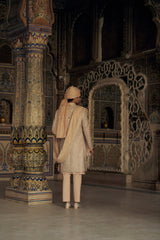 PEACH RAW SILK SHERWANI WITH KURTA AND TROUSER WITH OPTIONAL WORKED STOLE, BELT AND JUTIS