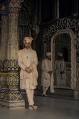 PEACH RAW SILK SHERWANI WITH KURTA AND TROUSER WITH OPTIONAL WORKED STOLE, BELT AND JUTIS