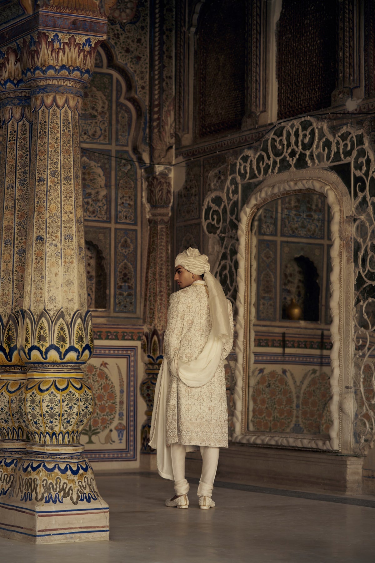IVORY AND BEIGE RAW SILK SHERWANI SET WITH KURTA AND CHURIDAR WITH OPTIONAL BELT, STOLE AND JUTIS