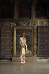 MOCCA RAW SILK SHERWANI WITH KURTA AND CHURIDAR WITH OPTIONAL WORKED STOLE, BELT AND JUTTIS
