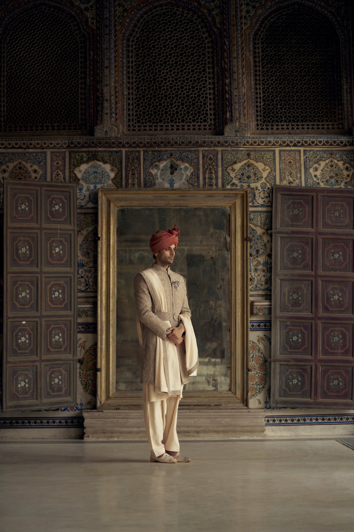 MOCCA RAW SILK SHERWANI WITH KURTA AND CHURIDAR WITH OPTIONAL WORKED STOLE, BELT AND JUTTIS