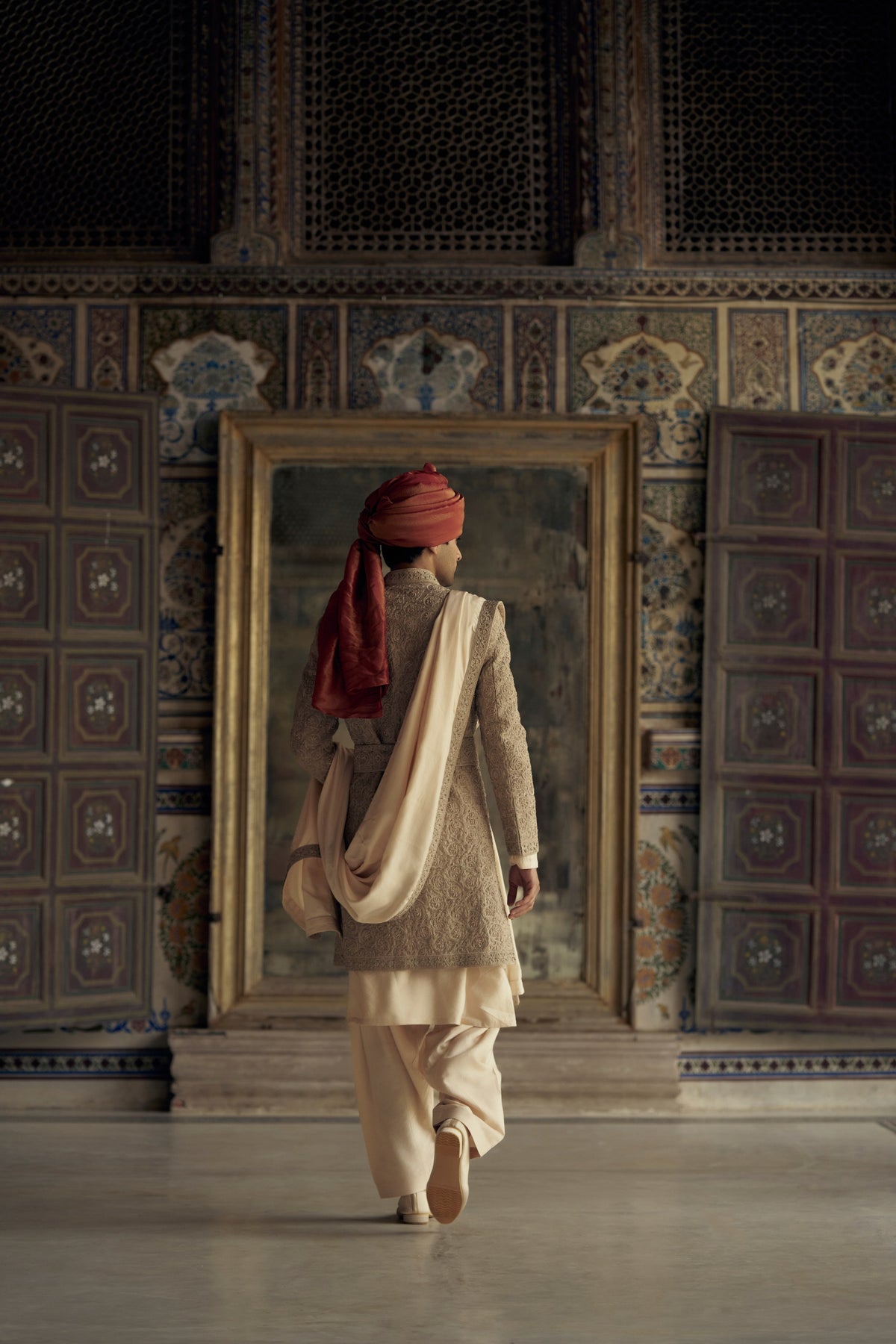 MOCCA RAW SILK SHERWANI WITH KURTA AND CHURIDAR WITH OPTIONAL WORKED STOLE, BELT AND JUTTIS