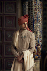 MOCCA RAW SILK SHERWANI WITH KURTA AND CHURIDAR WITH OPTIONAL WORKED STOLE, BELT AND JUTTIS