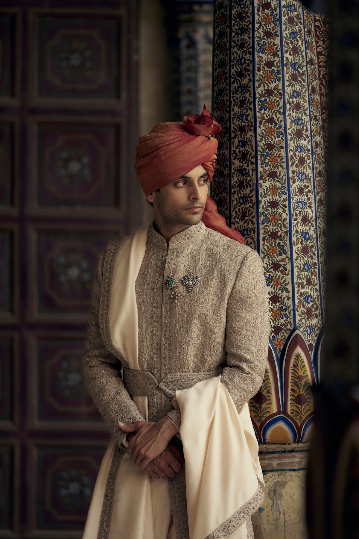 MOCCA RAW SILK SHERWANI WITH KURTA AND CHURIDAR WITH OPTIONAL WORKED STOLE, BELT AND JUTTIS