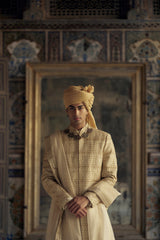 GOLD SHERWANI SET WITH CHOGA AND CHURIDAR WITH OPTIONAL WORKED STOLE AND JUTIS