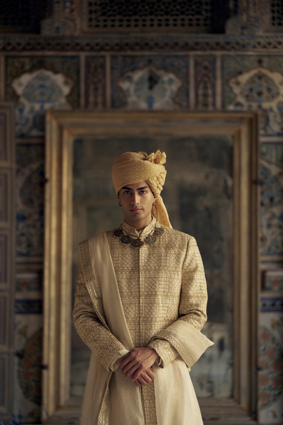GOLD SHERWANI SET WITH CHOGA AND CHURIDAR WITH OPTIONAL WORKED STOLE AND JUTIS