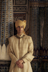 GOLD SHERWANI SET WITH CHOGA AND CHURIDAR WITH OPTIONAL WORKED STOLE AND JUTIS